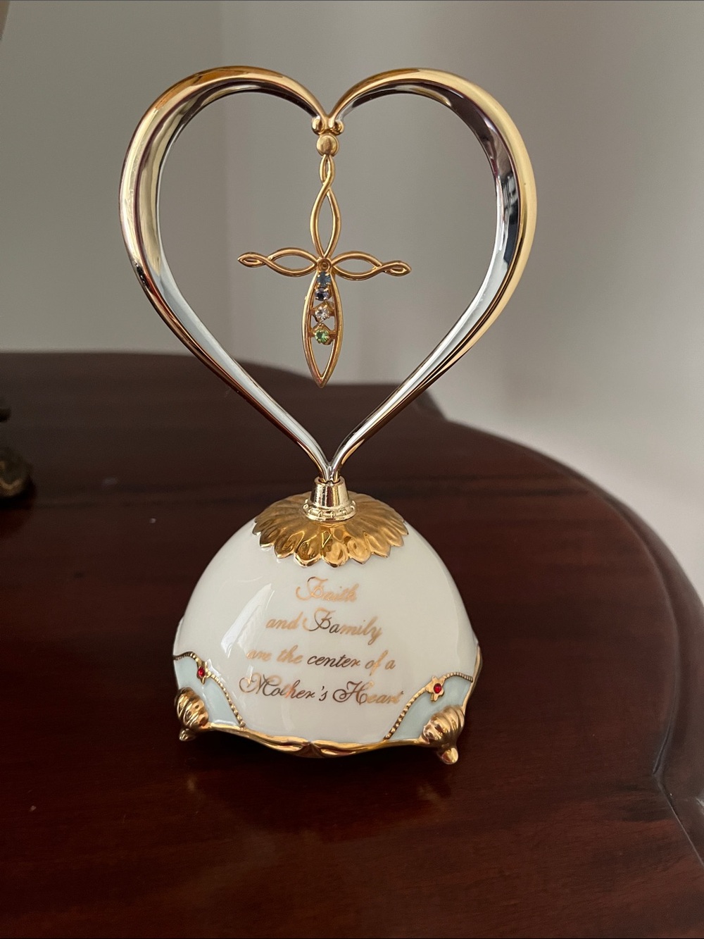 Gold and White Heart-Shaped Decorative Keepsake with Cross Accent Plays Music